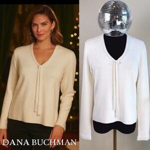 DANA BUCHMAN Ivory Beaded V Neck Long‎ Sleeve Sweater Top M